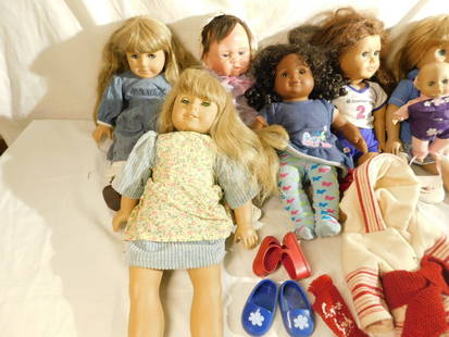 American Girl and Other Dolls: American Girl and Other Dolls, including: American Girl Bitty baby and three others, one Battat doll, 17" with baby in backpack, one Linda Murray 16" doll. CONDITION: Good, may have minor wear.