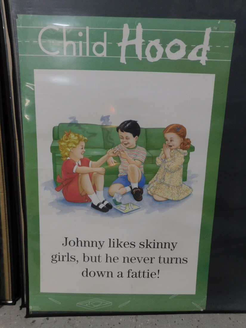 Vintage "Johnny Likes Skinny Girls Poster: Vintage "Johnny Likes Skinny Girls Poster, from childhood T.M. "but he never turns down a fautiel, loose, 23" x 35 1/2", no fold lines. CONDITION: Pinholes on corners with some minor edge and corner l