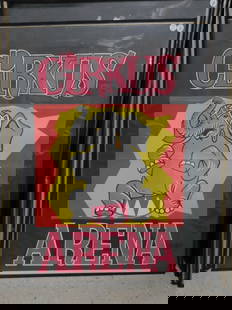 Vintage Circus Poster: Vintage Circus Poster, "Cirkus Arena", artist Gaston, loose 24" x 36" in a cardboard backed plastic sleeve. CONDITION: Visible fold lines, very minor if any.