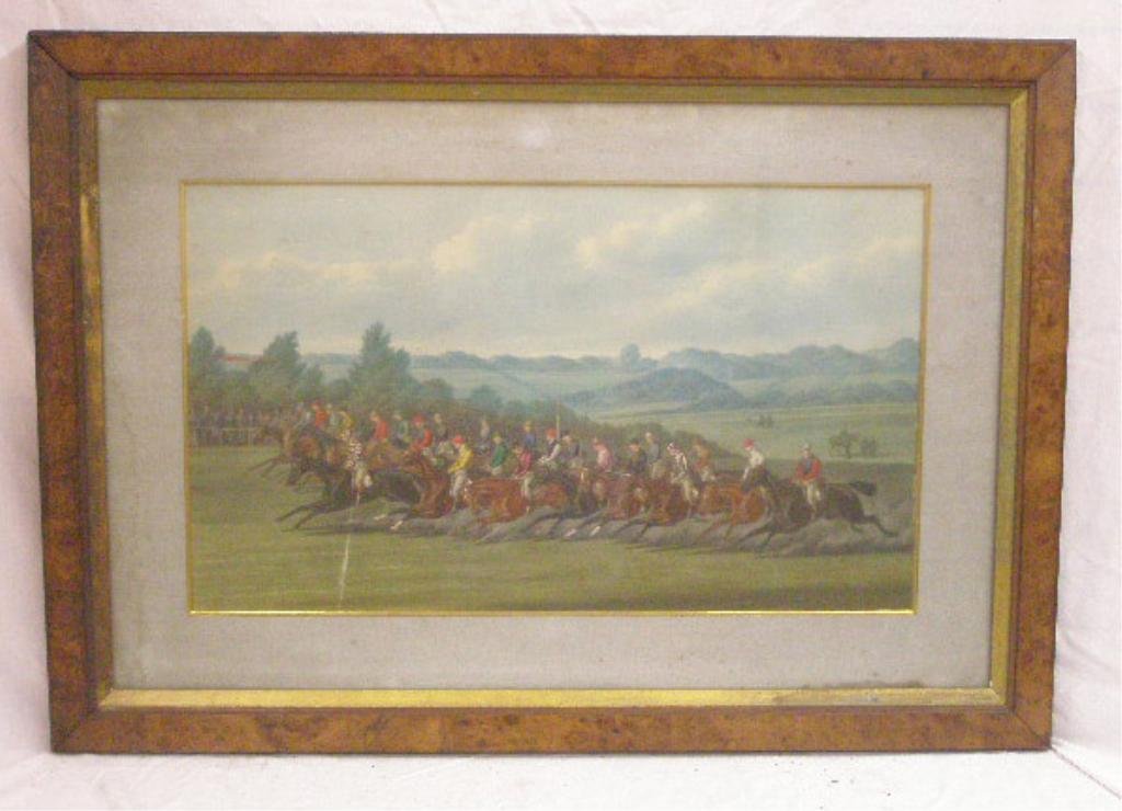 19th c. English Horse Race Print: H[enry] Alken, colored print, The Race. British, 19th c. [original Birdseye maple frame] 28 1/4"h x 40"w=frame. CONDITION: Not examined out of frame; image appears intact; mat with stains and soiling.