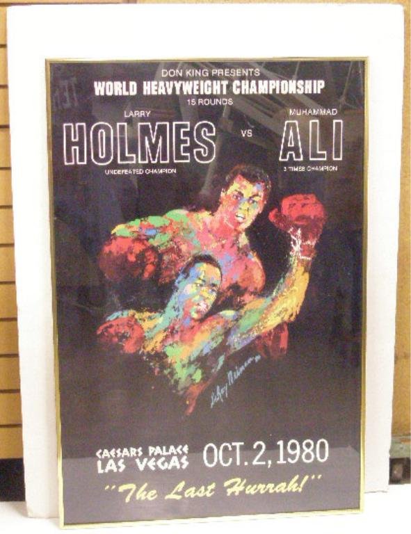 Leroy Neiman Holmes vs. Ali Poster: 1980 Leroy Neiman Don King Presents 35 1/2" x 23 1/2" World Heavyweight Championship poster, Larry Holmes vs. Muhammad Ali, Caesars Palace, Las Vegas, overall size framed is 36 1/4" x 24 1/4". CONDITI