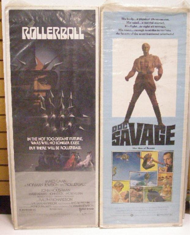 Rollerball & Doc Savage Movie Posters: 1975 Rollerball & Doc Savage 1/2 sheet 36" x 14" movie posters. CONDITION: Both have areas with wear & creasing.