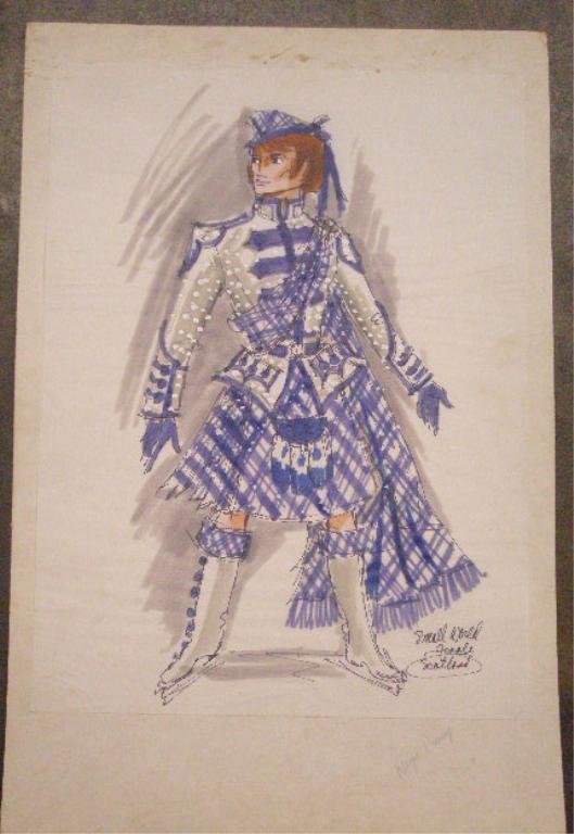 Donald Foote Illustration Art Drawing: Unsigned Donald Foote original pen and felt marker illustration art drawing for Disney Great Ice Odyssey costume , 1981: "Small World Finale/ Scotland", work-up details on sheets attached to mat. COND