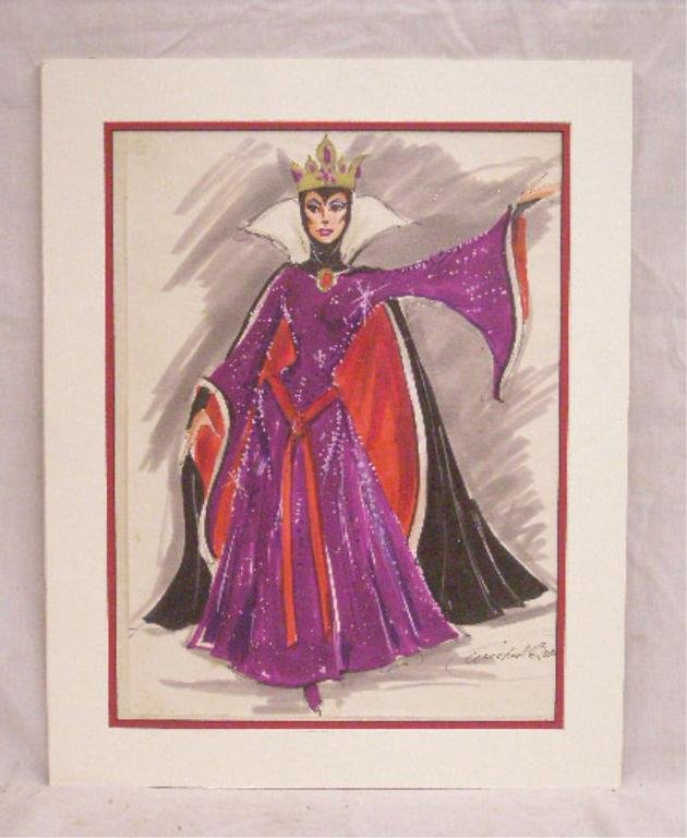 Donald Foote Illustration Art Drawing: Unsigned Donald Foote original pen and gouache illustration art drawing, Disney Great Ice Odyssey costume design 1981: Wicked Queen,inscription on mat; verso: "Original Presentation Sketch to Disney I