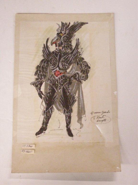 Donald Foote Illustration Art Drawing: Unsigned Donald Foote, original pen and gouache illustration art drawing for Disney Great Ice Odyssey costume design 1981: "Queen's Guards/ 8 Black Knights", extensive work-up details on sheet attache