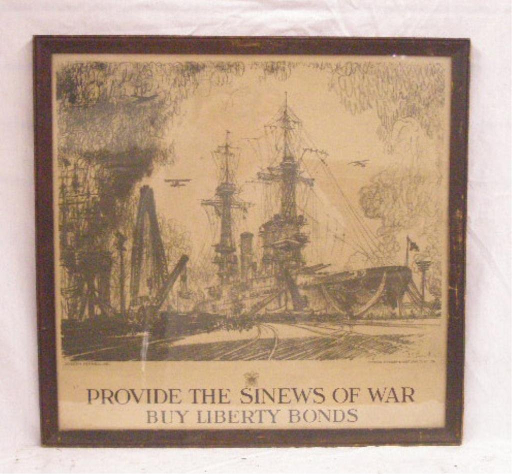 1918 Joseph Pennell War Bond Poster: World War I Bond Poster: "Provide the Sinews of War/Buy Liberty Bonds". Heywood Strasser & Voigt, New York, 1918. [Designed by Joseph Pennell]. 21 1/2"h x 22 1/4"w=frame. CONDITION: Not examined out o