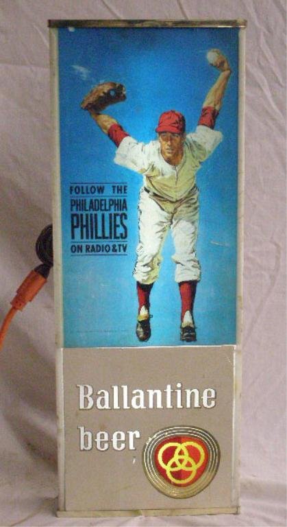 Ballantine Beer Philadelphia Phillies Sign: 1963 Ballantine Beer Philadelphia Phillies light up advertising display sign. CONDITION: Works, areas with wear & loss.