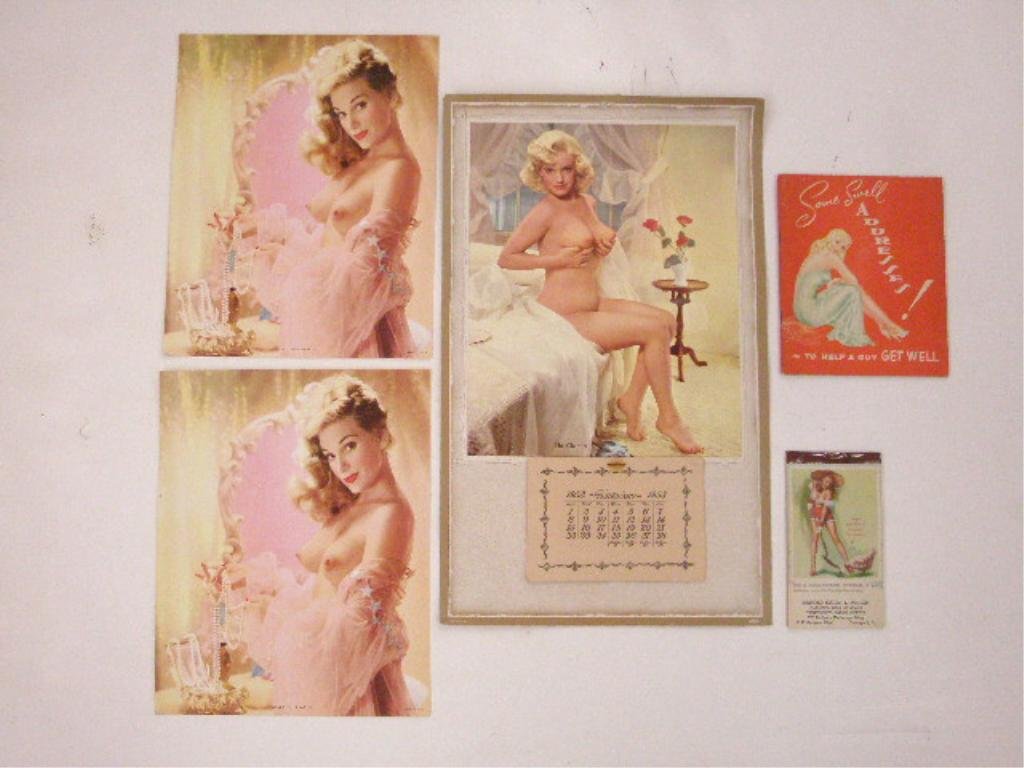 1950's Pin-Up Girl Ephemera: Tray lot of assorted 1950's Pin-Up girl ephemera, includes: 1953 The Charmer wall calendar, two 8" x 10" Beautiful Pearls lithographs, 1952 Baroid Sales Division advertising calendar/pamphlet & Some S