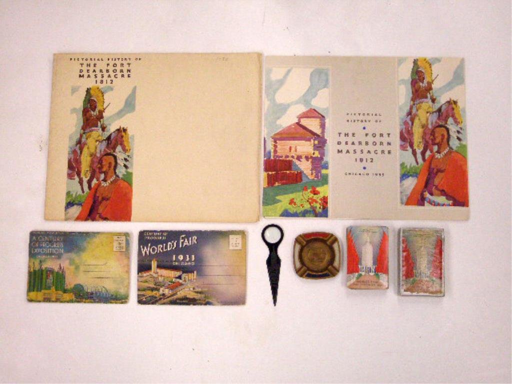 1933 Chicago World's Fair Memorabilia: Tray lot of assorted 1933-1934 A Century of Progress Chicago World's Fair memorabilia, includes: Pictorial History of the Fort Dearborn Massacre with envelope, two postcard folders, Hall of Science ma