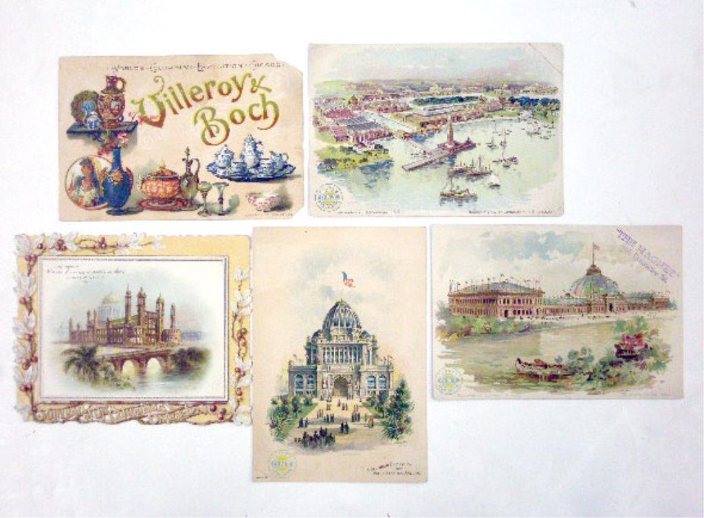 World's Columbian Exposition Trade Cards: Lot of five assorted 1893 World's Columbian Exposition advertising trade cards,includes: Villeroy & Boch, Clark's Spool Cotton, White Sewing Machine, etc. CONDITION: Two cards with creases, small loss