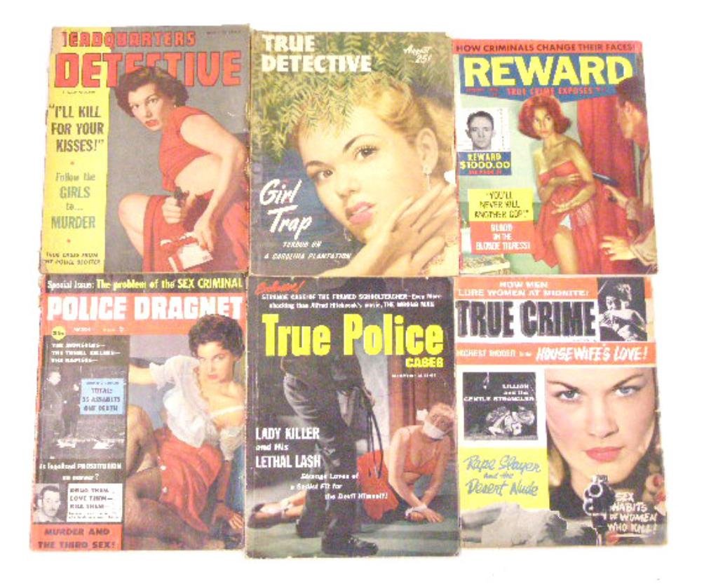 1940's-1960's Detective & Crime Pulp Magazines: Lot of six assorted 1940's-1960's Detective & Crime pulp magazines, May 1949 Headquarters Detective August 1949 True Detective, January 1956 Reward True Crime Cases, March 1956 Police Dragnet, Septemb