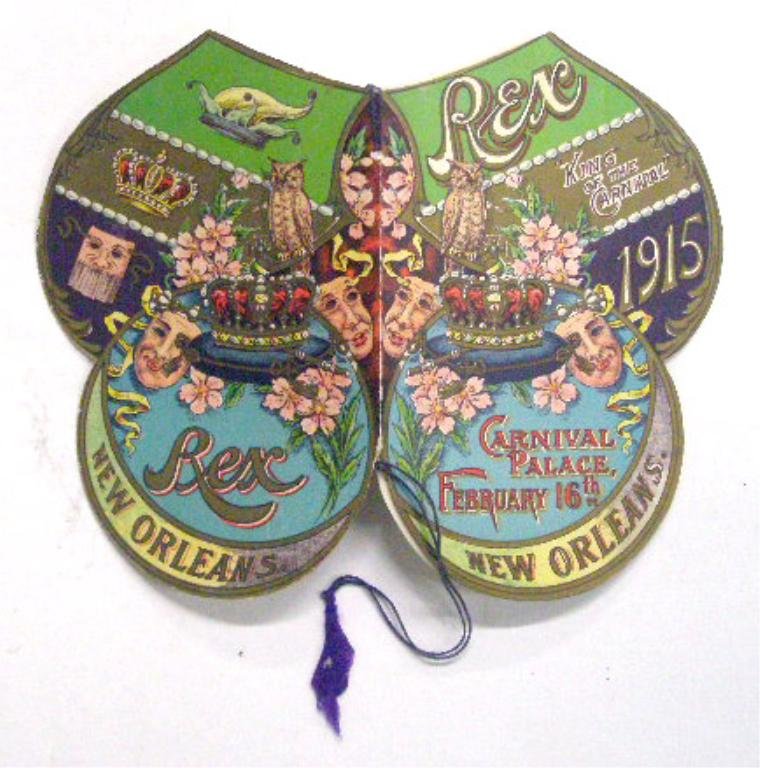 1915 Mardi Gras Rex Ball Dance Card: February 16th, 1915 Mardi Gras Rex Ball dance card. CONDITION: Very good with minor wear & loss along edges.