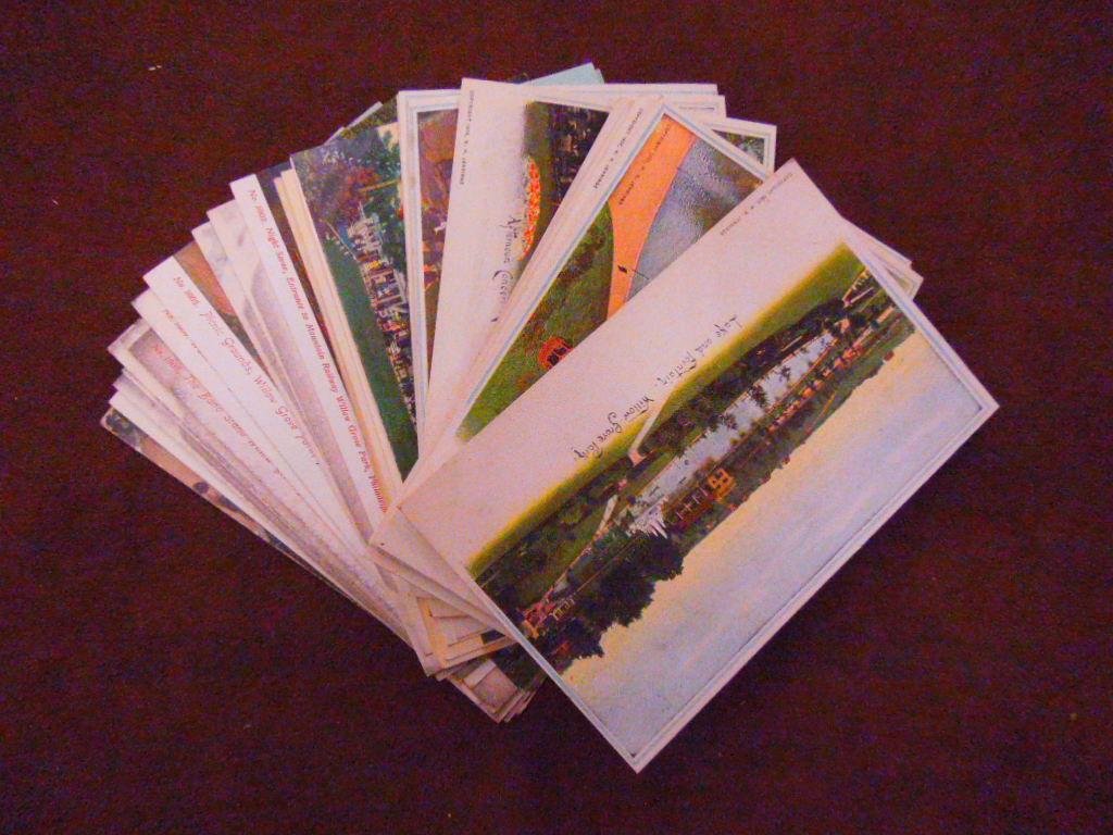 Early 20th c. Willow Grove Park Postcards: Lot of twenty nine assorted early 20th c. Willow Grove Park scene postcards. CONDITION: All have some form of wear, 12 have writing & pencil marks on backs.