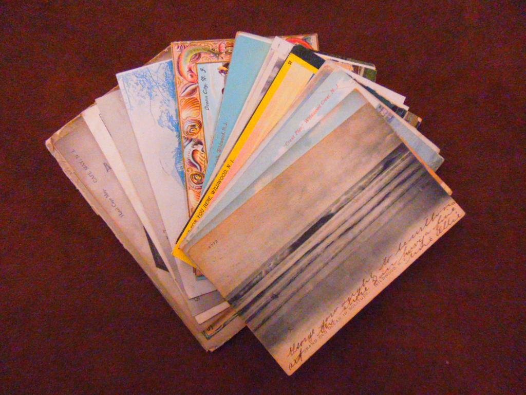 Early 20th c. New Jersey Shore Town Postcards: Lot of twenty eight assorted early 20th c. Wildwood, Ocean City & Cape May, New Jersey scene postcards, together with souvenir folder of Wildwood by the Sea. CONDITION: All have some form of wear, 18 