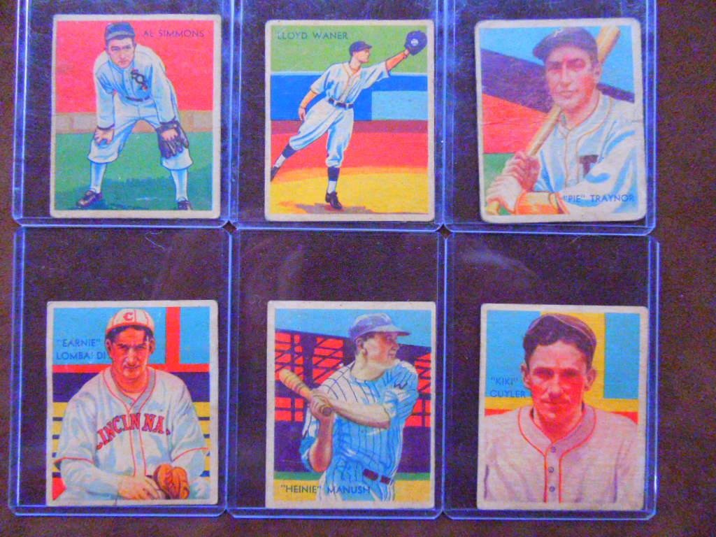 1934 & 1935 Diamond Stars Baseball Cards: Lot of six assorted 1934 & 1935 National Chicle Co. Diamond Stars Baseball cards, includes: #2 Al Simmons, #16 Lloyd Waner, #27 Pie Traynor, #36 Ernie Lombardi, #30 Heinie Manush & 31 Kiki Cuyler. CON