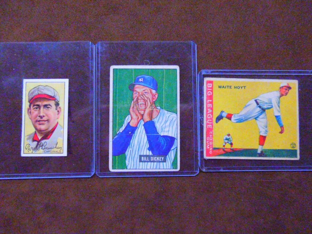 Vintage Baseball Cards: Lot of three vintage Baseball cards, includes: 1912 T202 Hassan Triple Folders #14 Roger Bresnahan portion, 1933 Goudey Gum Co. #60 Waite Hoyt & 1951 Bowman #290 Bill Rigney. CONDITION: Good to very g