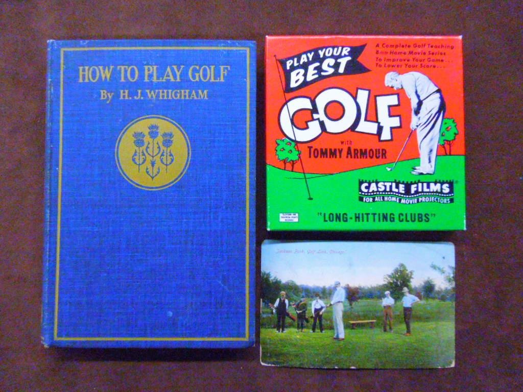 19th & 20th c. Golf Memorabilia: Lot of 19th & 20th c. Golf memorabilia, includes: 1897 How To Play Golf book by H.J. Whigham, 1910 Jackson Park, Golf Link, Chicago postcard & 1940's/50's Castle Films Play Your Best Golf with Tommy A