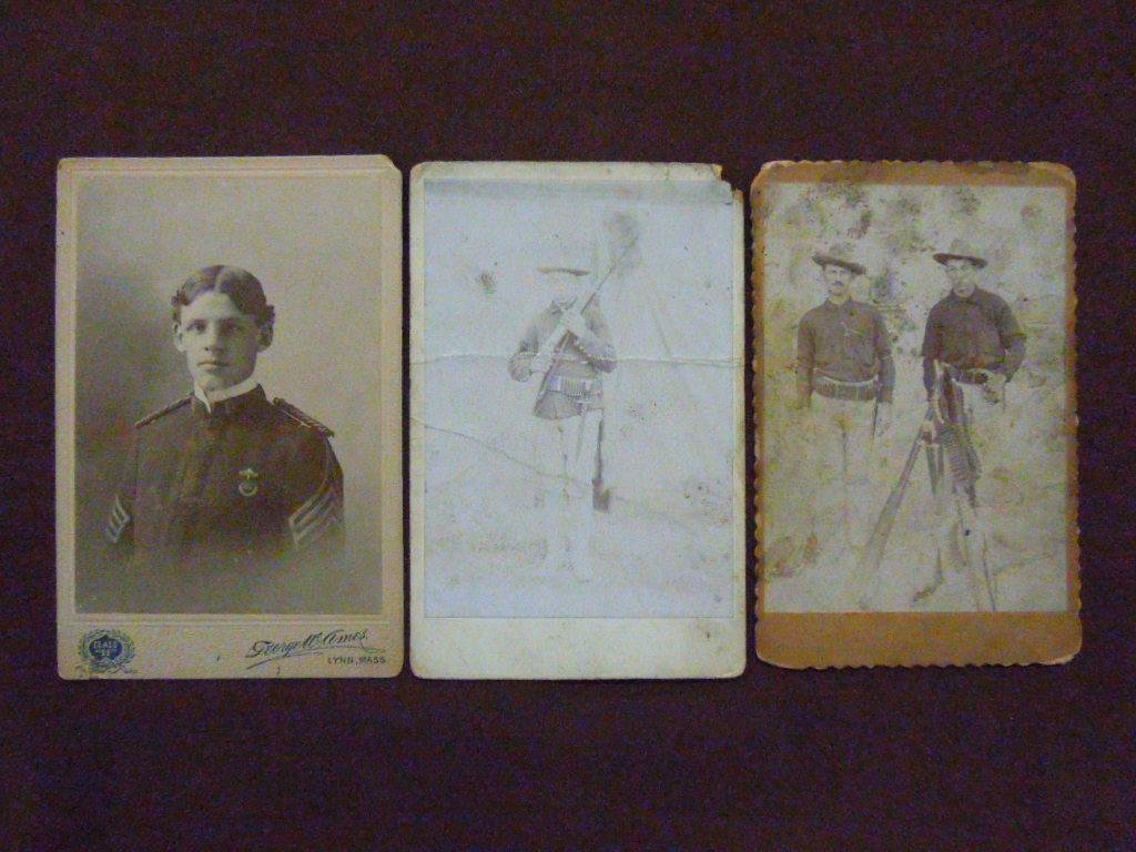 19th c. Military Cabinet Photos: Lot of three 19th c. military cabinet photos, includes: cadet photo of Edward E. Farmsworth Class of 1898 & two photos of Clarence Carre circa late 1800's. CONDITION: All have wear, staining & or crea