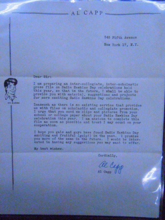 Al Capp & Tony Auth Signed Letters: 1947 Al Capp typed & hand signed letter & envelope, written to the President of the Student Council at Susquehanna University, in regards to Capp preparing inter-collegiate & inter-scholastic press fi