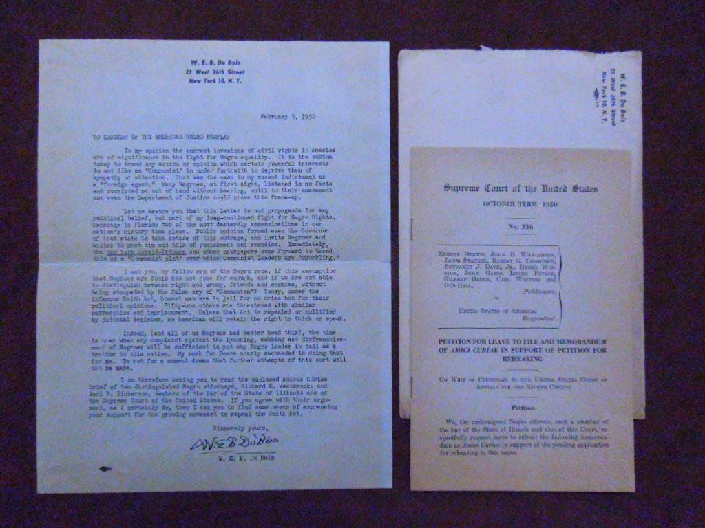 1952 W.E.B. DuBois Typed Letter: February 5th, 1952 W.E.B. DuBois typed & stamped signature letter & envelope, in regards to the civil rights movement & fight for Negro equality, together with a October 1950 term Supreme Court of the