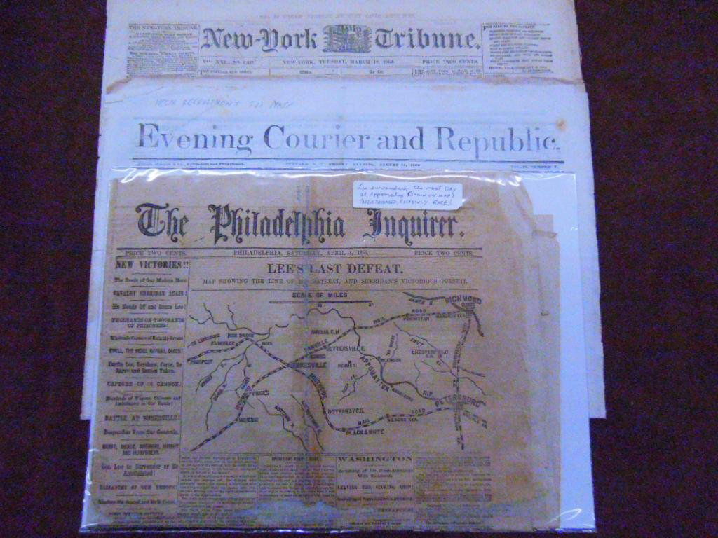 Civil War Era Newspapers: Lot of three Civil War era newspapers, includes: March 18, 1862 New York Tribune, August 15, 1862 Evening Courier and Republic, Buffalo & April 18, 1865 Philadelphia Inquirer. CONDITION: All have wear