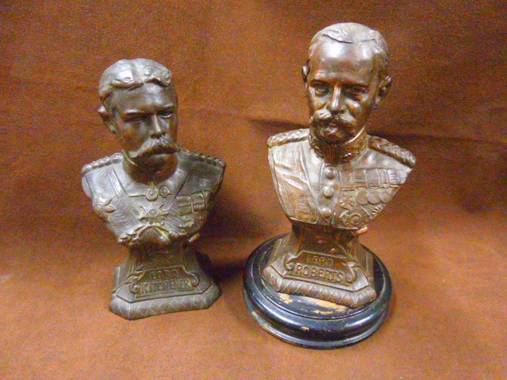Lord Kitchener & Lord Roberts Bust Sculptures: Late 19th c. Lord Kitchener and Lord Roberts 6" white metal bust sculptures, Lord Roberts is mounted on a 1" wood base. CONDITION: Both have areas with wear, small damage on backside of Lord Kitchener