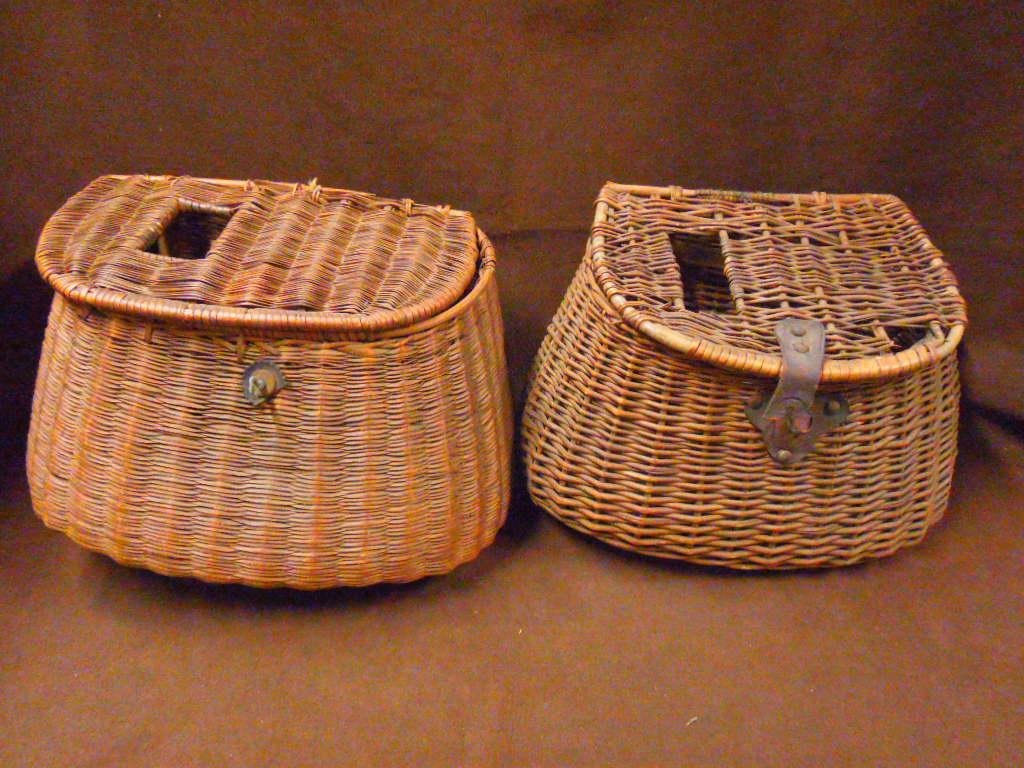 Antique Wicker Fishing Creels: Lot of two antique wicker fishing creels. CONDITION: Both have wear & or loss in areas.