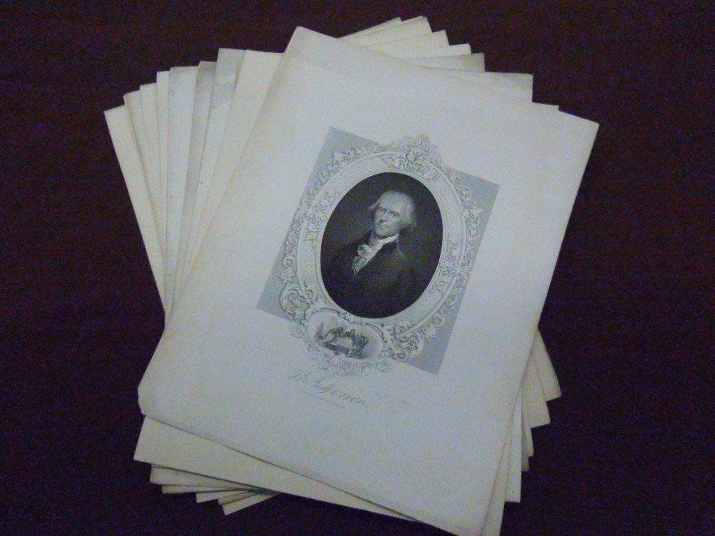 1896 Thomas Jefferson Engravings: Lot of twelve book plate engravings of Thomas Jefferson dated 1896 by The John C. Yorston Co. CONDITION: All have wear, tearing & or staining.