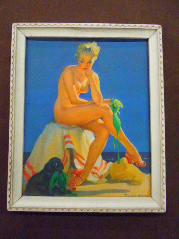 1940's 3-D Pin-Up Girl Picture: 1940's Gil Elvgren "In For A Tanning" raised 3-D pin-up girl picture CONDITION: Fair, shows some minor cracking around raised areas.
