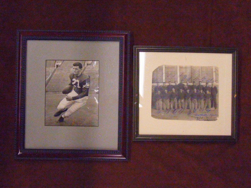 Vintage Black & White Football Photographs: Lot of two vintage framed black & white football photographs, includes: 7 3/4" x 9 1/2" team signed football squad 1930-31 Shamrock Texas (13 1/2 x 14 3/4" overall size framed) & 9 1/4" x 7 1/2" runni