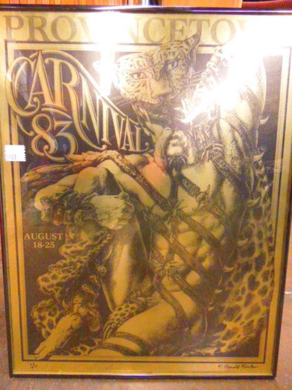 Signed 1983 Provincetown Carnival Poster: F. Ronald Fowler signed 24" x 18 3/4" lithograph poster from the August 18-25, 1983 Provincetown Carnival, limited edition #28/200, overall size framed is 24 3/4" x 19 1/4". CONDITION: Very good with