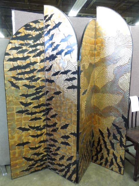 Chinese Coromandel Screen: Chinese Coromandel screen, in 4 parts, gilt & black raised work lacquering depicting birds & clouds, late 20th c. hgt 83", length 72". CONDITION: Minor chipping & abrasions.