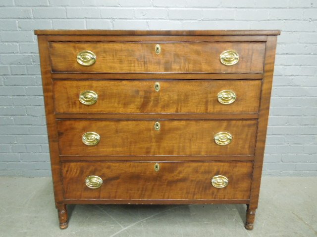 Sheraton Dresser: Sheraton dresser, cherry, 4 graduated beaded drawers with locks, replaced brasses, circa 1820-30, 40" x 20" 38". CONDITION: 2 small areas of minor veneer losses on top edges.