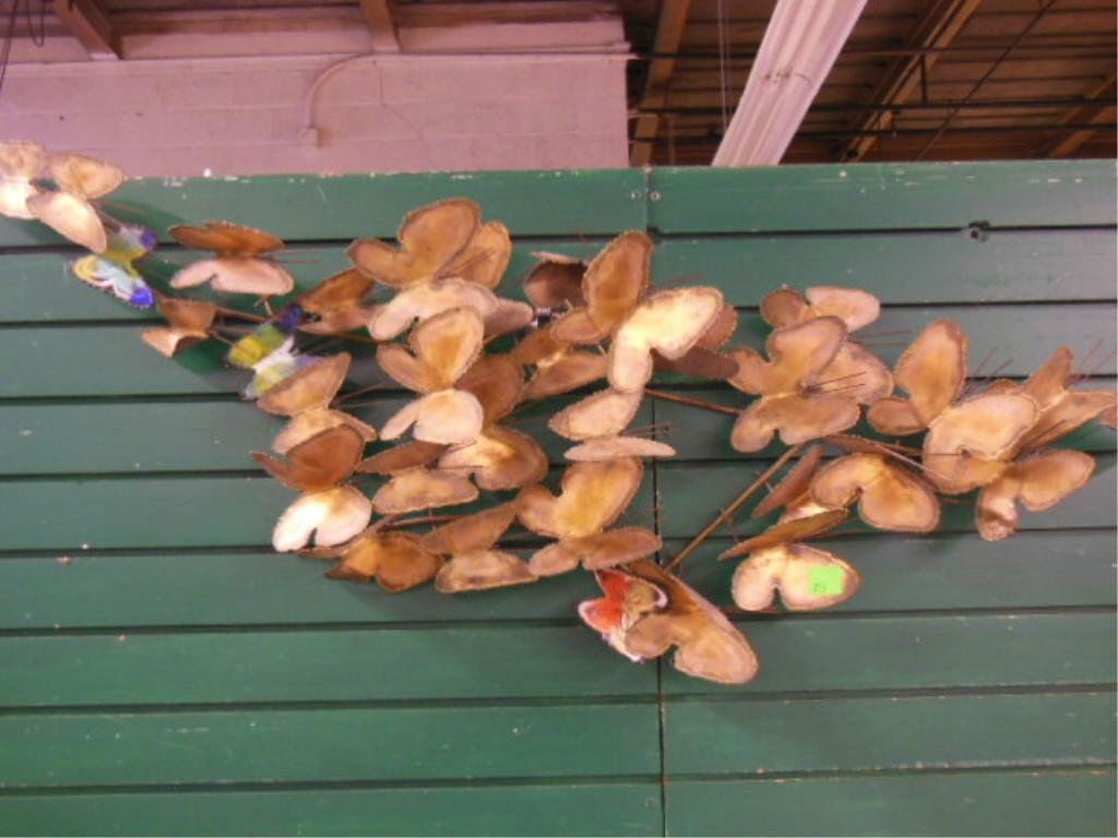 Curtis Jere '67' Wall Sculpture: Curtis Jere '67' wall sculpture, mixed metals & enamel, "butterflies". 45" x 16" x 7". CONDITION: No issues identified.