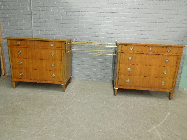 Pr John Widdicomb Dressers: Pair of John Widdicomb dresses, Regency style, banded cherry, brass & steel ring form pulls, brass ringed legs; brass & glass removable center vanity 2 tier shelf, mid 20th c. Dressers: 36" x 20" x 33