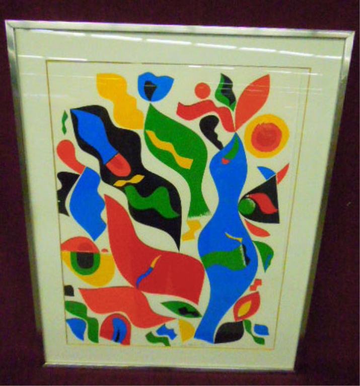 Sam Maitin, litho, Figural Abstract: Sam Maitin, 1976, signed and dated, serigraph [63/100], Figural Abstract. 31"h x 24 3/4"w=frame. CONDITION: Sheet has slipped within mat.