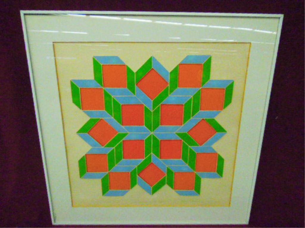 Arline Sherman, print, "Directional Twenty Eight": Arline Sherman, signed, textured print [Artist's Proof], "Directional Twenty Eight". 29 1/2"h x 29 1/2"w=frame. CONDITION: Not examined out of frame; glazing cracked in lower left corner.