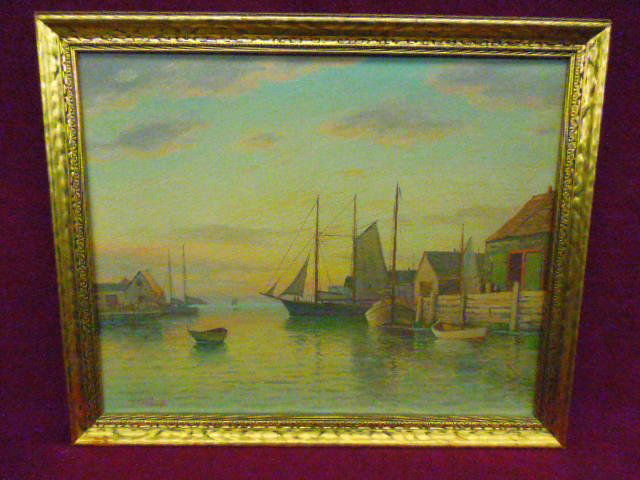 T. Bailey (W. Paskell), o/c, New England Harbor: T. Bailey (William Frederick Paskell), signed, oil on canvas, New England Harbor Scene. 18 1/4"h x 22 1/4"w=frame. CONDITION: No issues identified.
