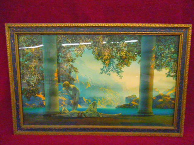 Parrish, chromolitho, "Daybreak": Maxfield Parrish, chromolithograph, "Daybreak" [House of Art, New York imprint]. 21 1/2"h x 33 1/2"w=frame. CONDITION: Not examined out of frame; no evident issues; Original frame with losses to paint