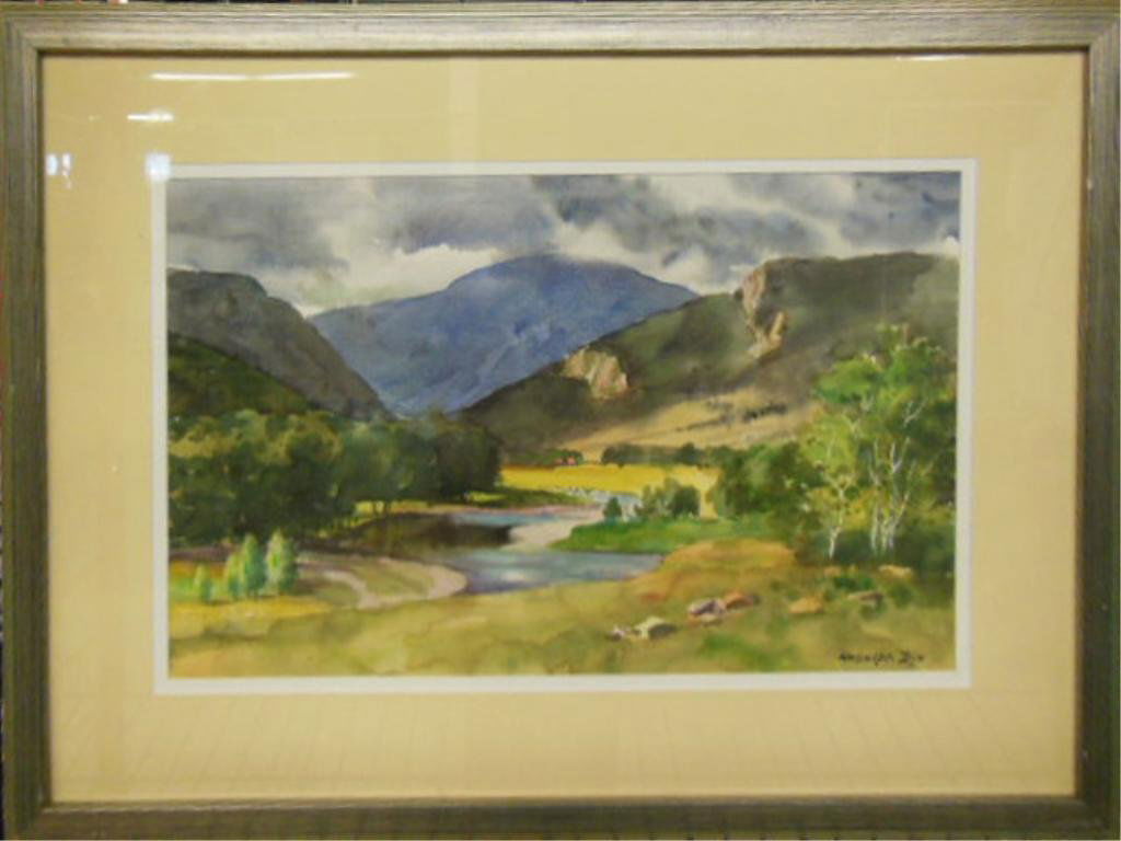 Ranulph Bye, w/c, "Boulder River-Montana": Ranulph Bye, 1989, signed and dated verso, watercolor, "Boulder River" Montana. [Artist's studio and Newman Galleries, Philadelphia labels verso]. 22"h x 30"w=frame. CONDITION: Not examined out of fra
