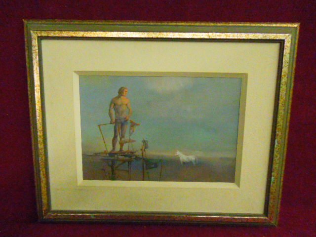 John Lear, gouache, "White Horse": John Lear, signed, gouache, "White Horse" [title verso]. 17"h x 20 1/2"w=frame. CONDITION: No issues identified; no glazing, as intended.