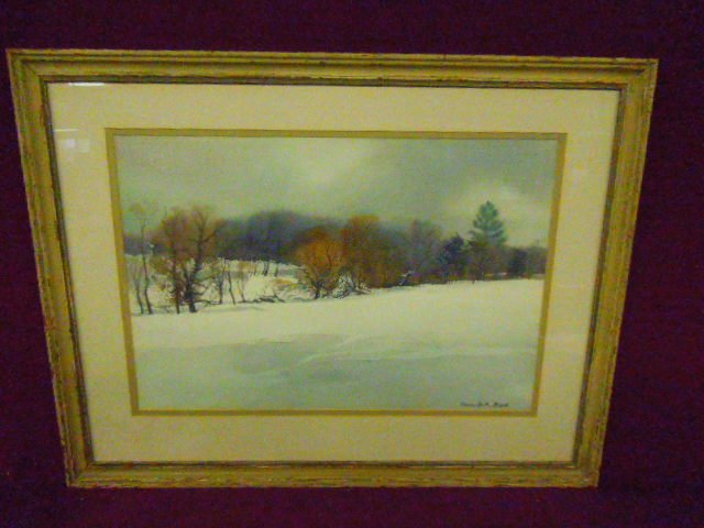 Ranulph Bye, w/c, "Pheasant Hill": Ranulph Bye, signed recto, and dated verso: "February 1964", watercolor, "Pheasant Hill" [artist's studio label verso]. 21 1/2"h x 27 3/4"w=frame. CONDITION: Not examined out of frame; no evident issu