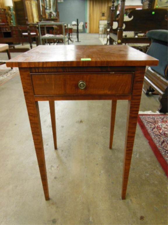 Hepplewhite Style Night Stand: Hepplewhite style night stand, Tiger Maple, square top, single beaded drawer, tapered square legs, bench made, mid 20th c. CONDITION: Dent on drawer beading.