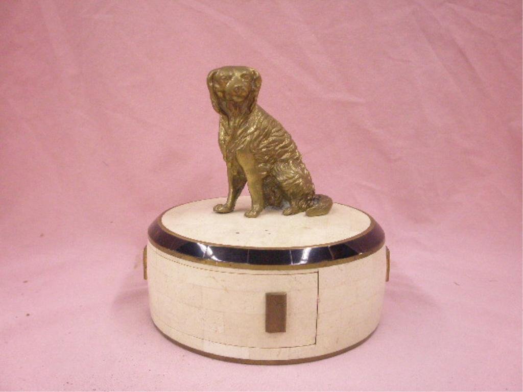 Stone Inlay Box With Brass Dog Mount: Contemporary decorator 7 1/2" x 6 1/2" stone inlay round box with applied brass dog mount on lid and brass mounts on box. CONDITION: Portion on drawer with detached and broken inlay.