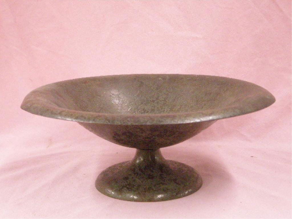 Roycroft Arts & Crafts Copper Compote: Roycroft signed Arts & Crafts era acid etched copper 4 1/2" x 11 1/4" compote, orb & cross mark on base. CONDITION: Original patina with minor wear, dented top rim.