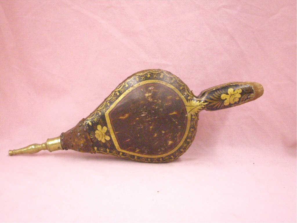 19th c. Eckstein & Richardson Wood Bellows: 1820 Eckstein & Richardson, Philadelphia, Patent No. 36, painted & stenciled wood turtle back bellows, paint decorated with faux tortoise shell, decorative boarding & gilt leafage, paper label inset o