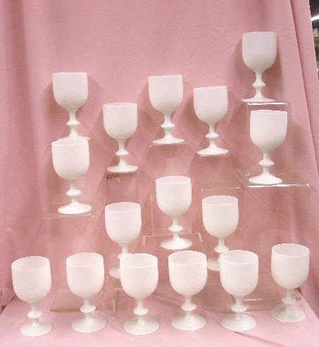 Vallerystahl Opalescent Glass Goblets: Sixteen vintage Portieux Vallerystahl white opalescent glass 6 1/2" water goblets, 1 with partial label on base. CONDITION: All are very good with minor wear and no damage.