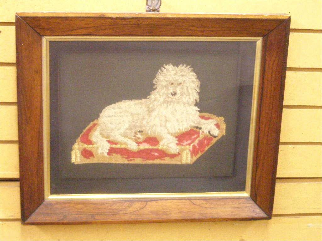 19th c. English Needlepoint Poodle Image: 19th c. framed 10" x 13 1/4" English needlepoint image of a white poodle dog seated on a pillow, original walnut frame, 16 1/4" x 19 1/2" overall size framed. CONDITION: No damage on needlepoint image