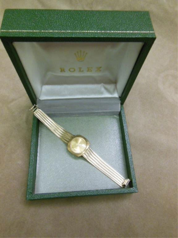 14k YG Vintage Rolex Wristwatch: 14k yellow gold vintage Rolex wristwatch, Montres Rolex, Geneve, textured and flexible mesh band, 1" rounded corner square dial with gold face, missing crown, running condition unknown, 6 1/4" length,