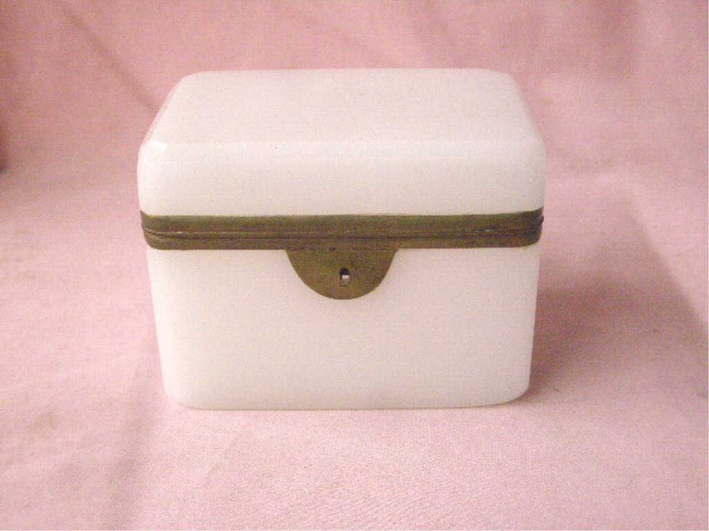 19th c. Opaline Glass Dresser Box: Late 19th c. French white Opaline glass 4" x 4 1/2" x 3" square dresser box with brass fittings. CONDITION: Very good with minor wear, scratches on base and no damage.